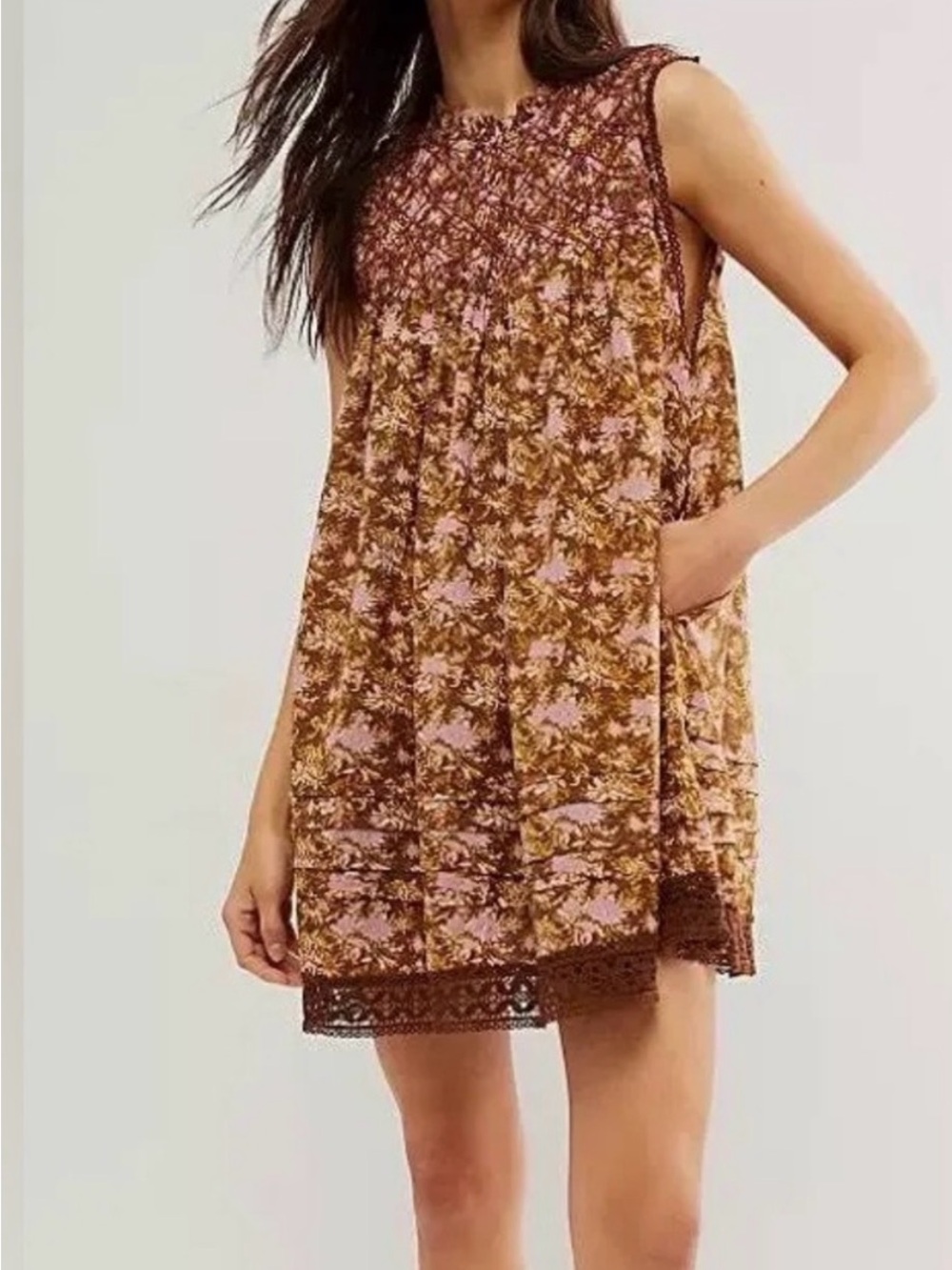 Free People Shea Brown & Pink Floral Smocked Mini Dress